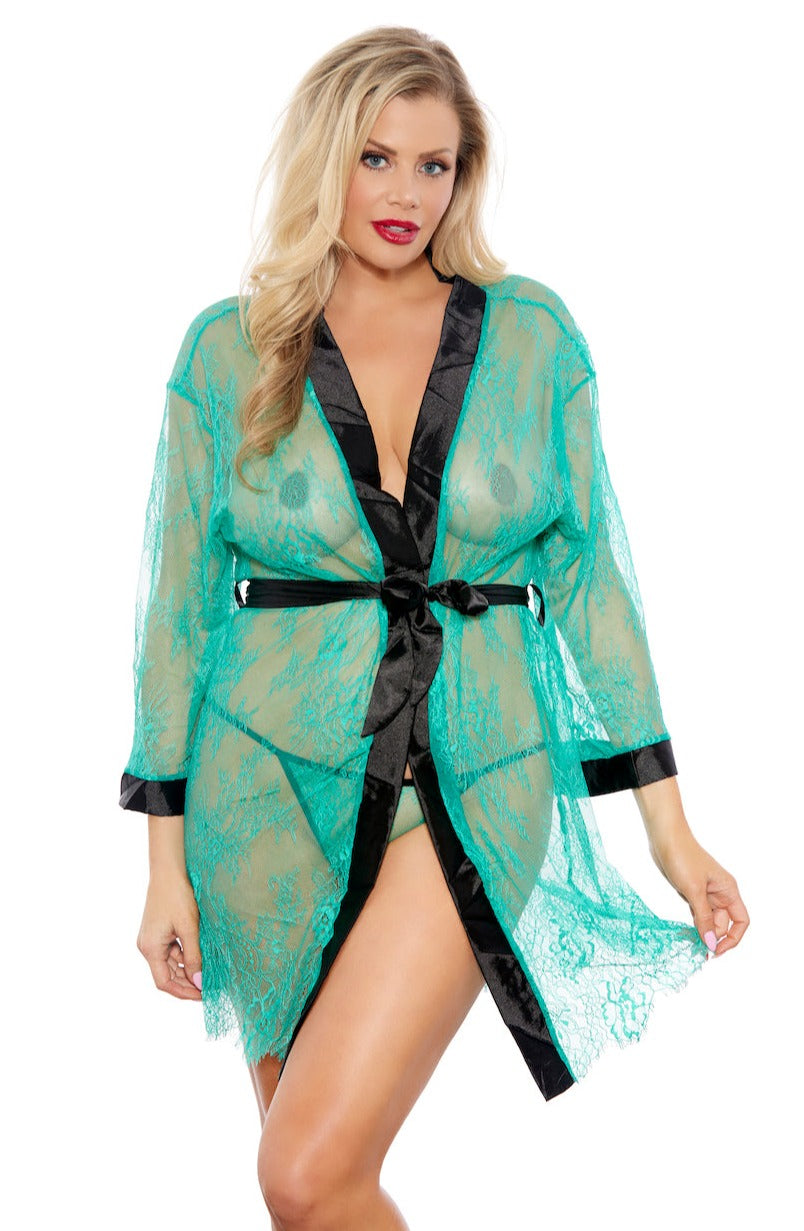 Green And Black Lace Robe Plus-Size
