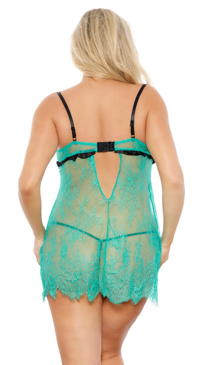 Green And Black Lace Babydoll Set Plus-Size