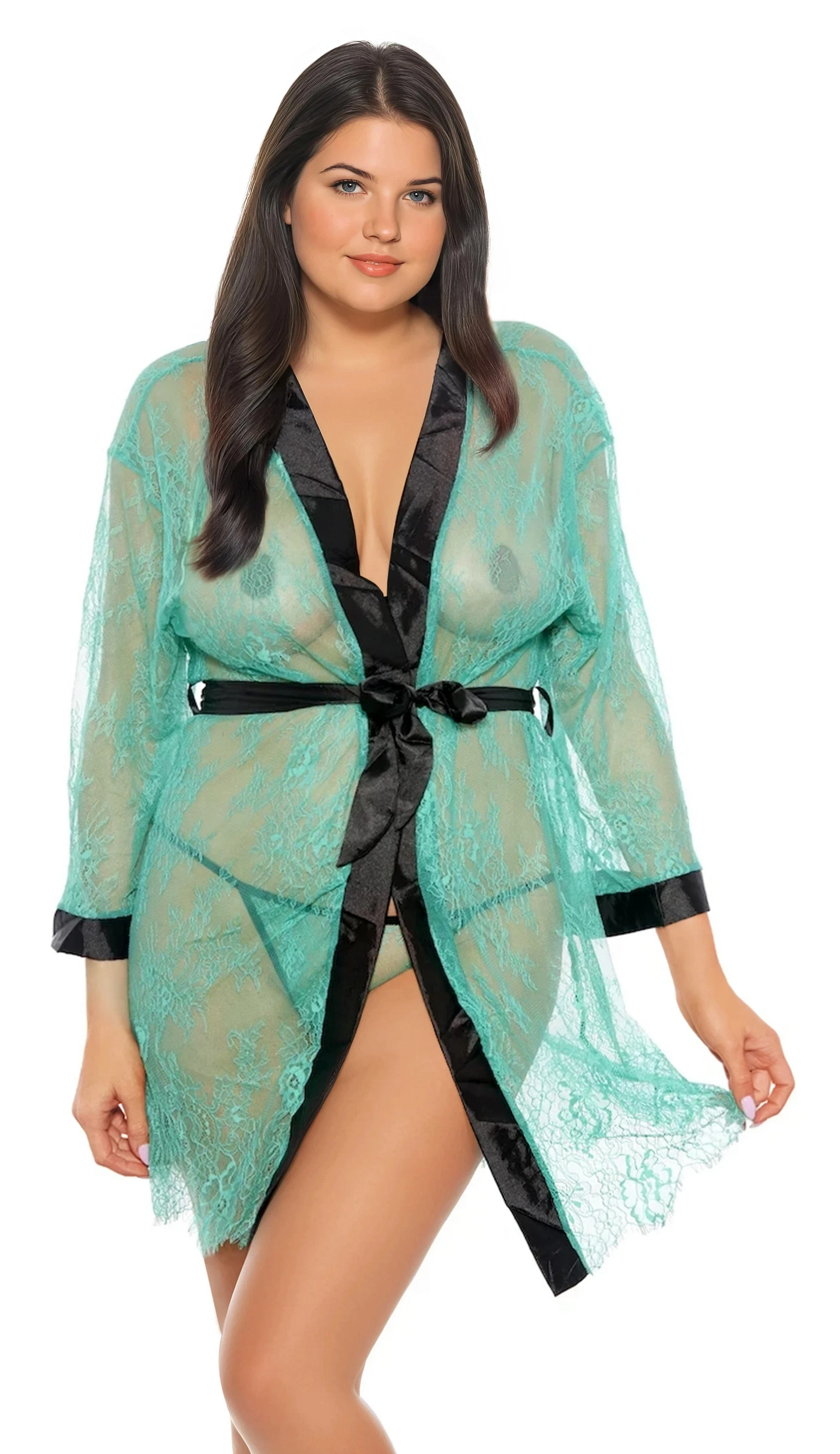 Green And Black Lace Robe Plus-Size